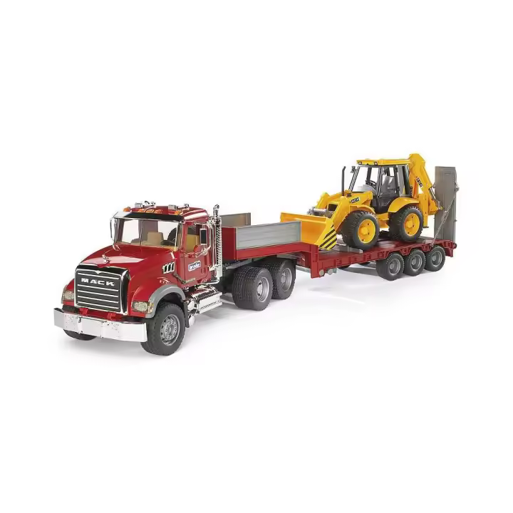 Bruder Mack y Caterpillar Camión de Juguete con Retroexcavadora - Realista Cabina Conductor - 1