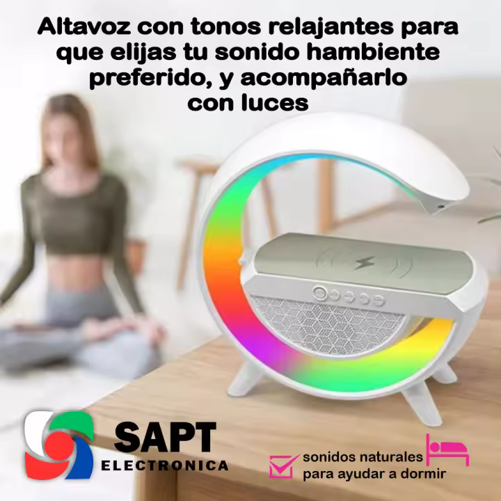 SAPT Altavoz Bluetooth en Forma de G con Luces RGB – Sonido Premium – Cargador Inalámbrico para Móviles – Iluminación Personalizable – Disponible en Dos Tamaños – Ideal para Fiestas y Eventos - 1