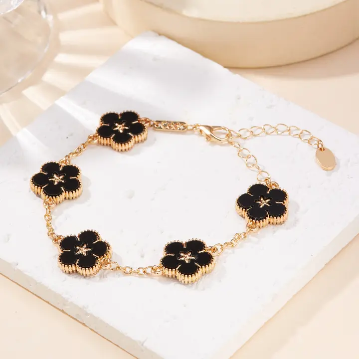 Pulsera De Flor Coreana Con 5 Pétalos Para Mujer Pulsera De Cadena Metálica Moda Encanto Joyería Para Novias Y Amigas Regalo - 1