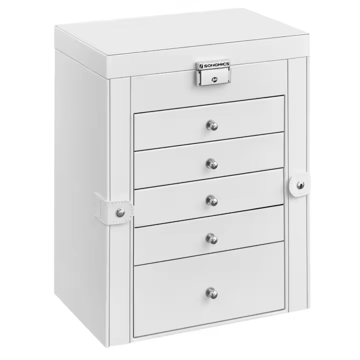 SONGMICS Caja Joyero de 6 Niveles, Caja para Joyas con 5 Cajones, Gran Espacio, Interior con Espejo, Cerradura, Almacenaje de Joyas, Regalo para Seres Queridos, para Relojes, Negro/Blanco/Gris - 1