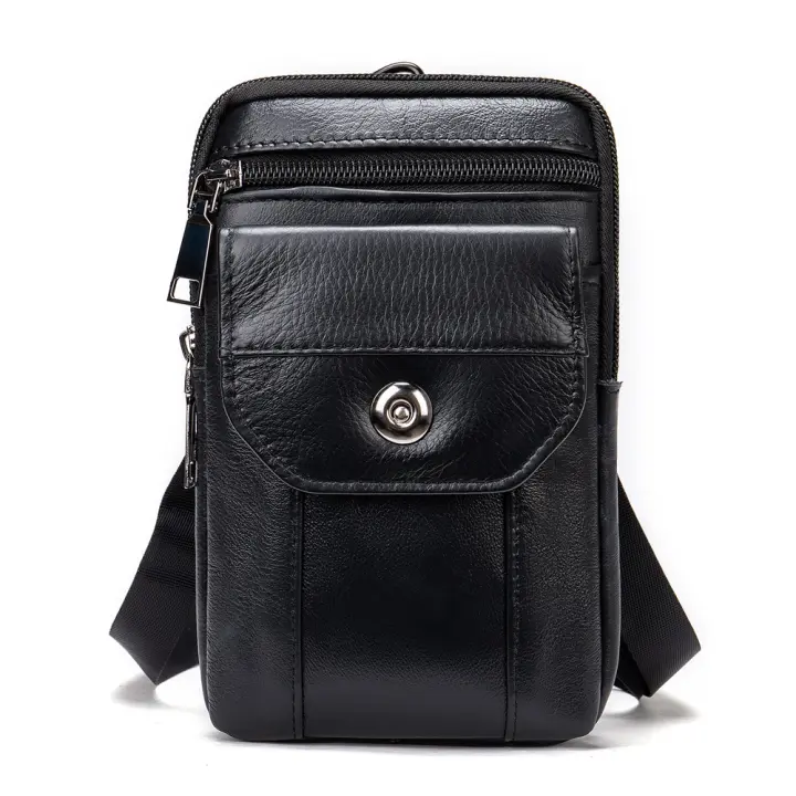 Bolsa De Cintura Para Teléfono WESTAL De Cuero Genuino Pequeña Bolsa De Pecho Deportiva Negra Para Hombres Estilo Casual - 1
