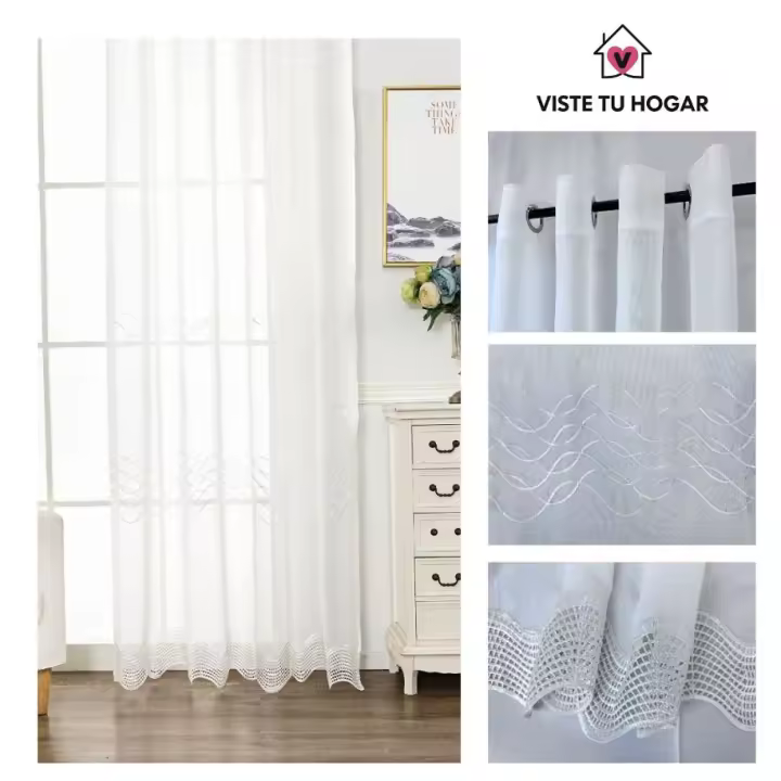 Cortina de tela semitranslúcido lino y poliéster decorado con formas de hondas en la parte inferior.150x260cm.Decoracion para hogar ,oficina. - 1