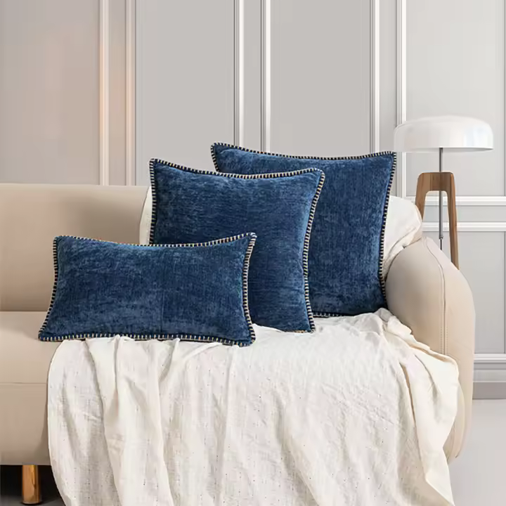 Funda De Cojín Tejida De Color Sólido Con Borde De Veludo Estilo Moderno Y Lujo Para Sofás Dormitorios Camas - 1
