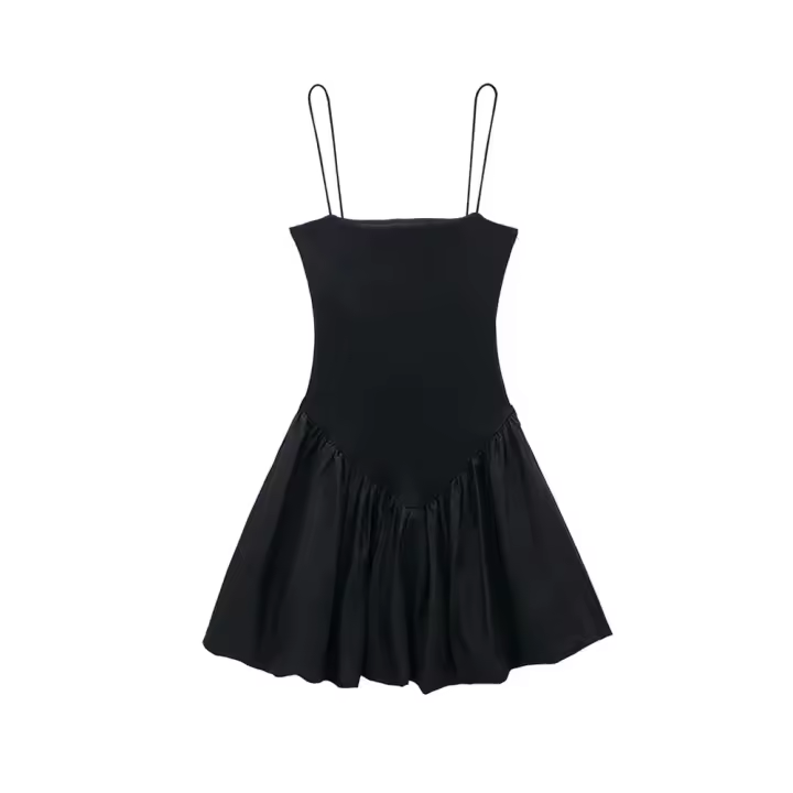 ZBZA Vestido Mini Chic Para Mujer Con Cintura Alta Y Mangas Spaghetti Estilo Balón De Punto De Poliéster Solado Sólido Con Patchwork - 1