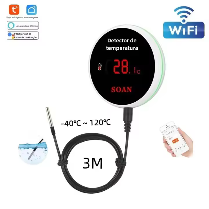 Sensor De Temperatura WiFi Tuya Con Probar 1M/3M Pantalla LCD Digital Para Nevera Piscina Termostato Remoto Alarma Smart Life - 1