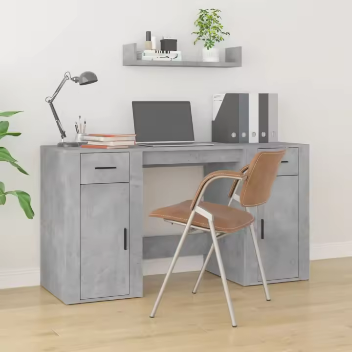 vidaXL Escritorio con armario contrachapada en color Gris hormigón/Gris sonoma/Roble ahumado y más | estructura resistente ideal para salón dormitorio o estudio - 1
