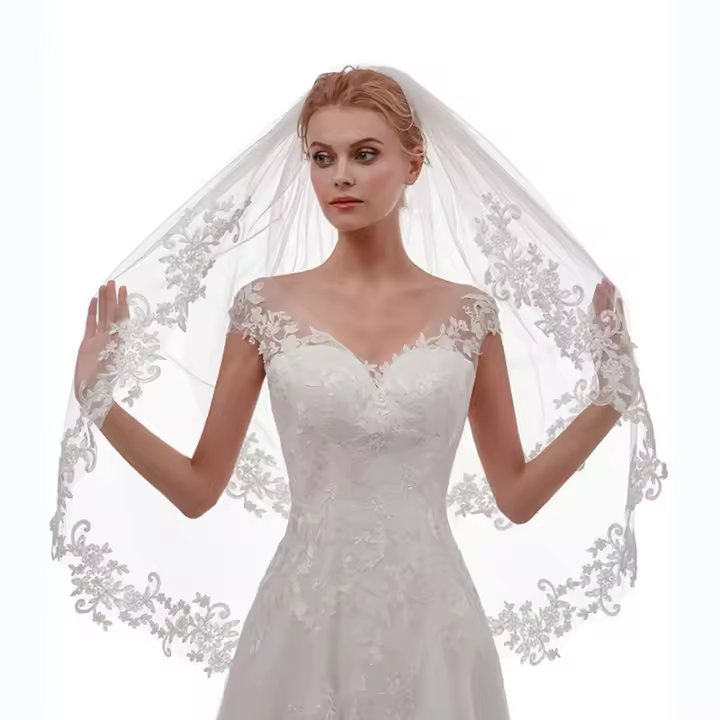 Velo De Novia VINOPROM Con 2 Capas De Encaje Y Flores Línea De Dedo Tamaño De Tule Con Peine Para Novias - 1