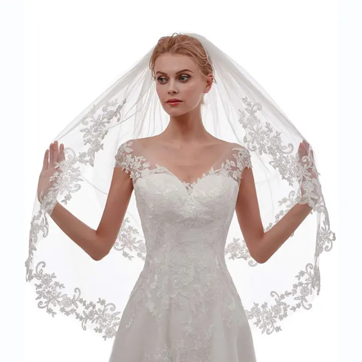 Velo De Novia VINOPROM Con 2 Capas De Encaje Y Flores Línea De Dedo Tamaño De Tule Con Peine Para Novias - 1