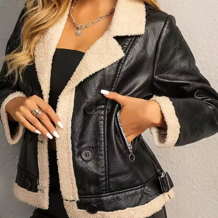 Chaqueta De Cuero PU Con Panel De Oso Moda Feminina Vintage Cuello Alto Doble Botones Corte Corto Para Mujer - 1