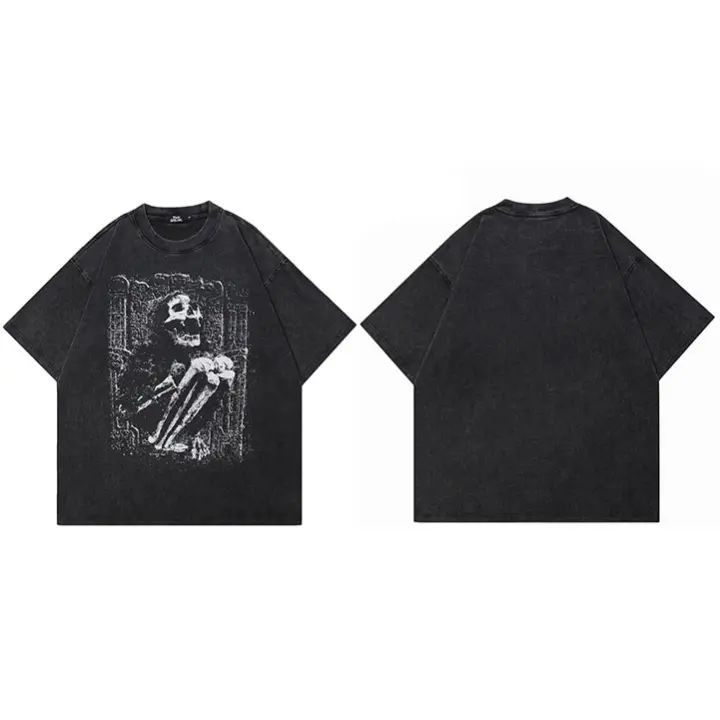 Camiseta Hip Hop Vintage De Algodón Para Hombre Camiseta Gráfica De Calavera Retro Talla Grande Color Negro Estilo Casual - 1