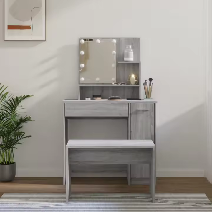 vidaXL Juego de tocador con LED madera contrachapada en color Gris sonoma/Negro/Gris hormigón y más - 1