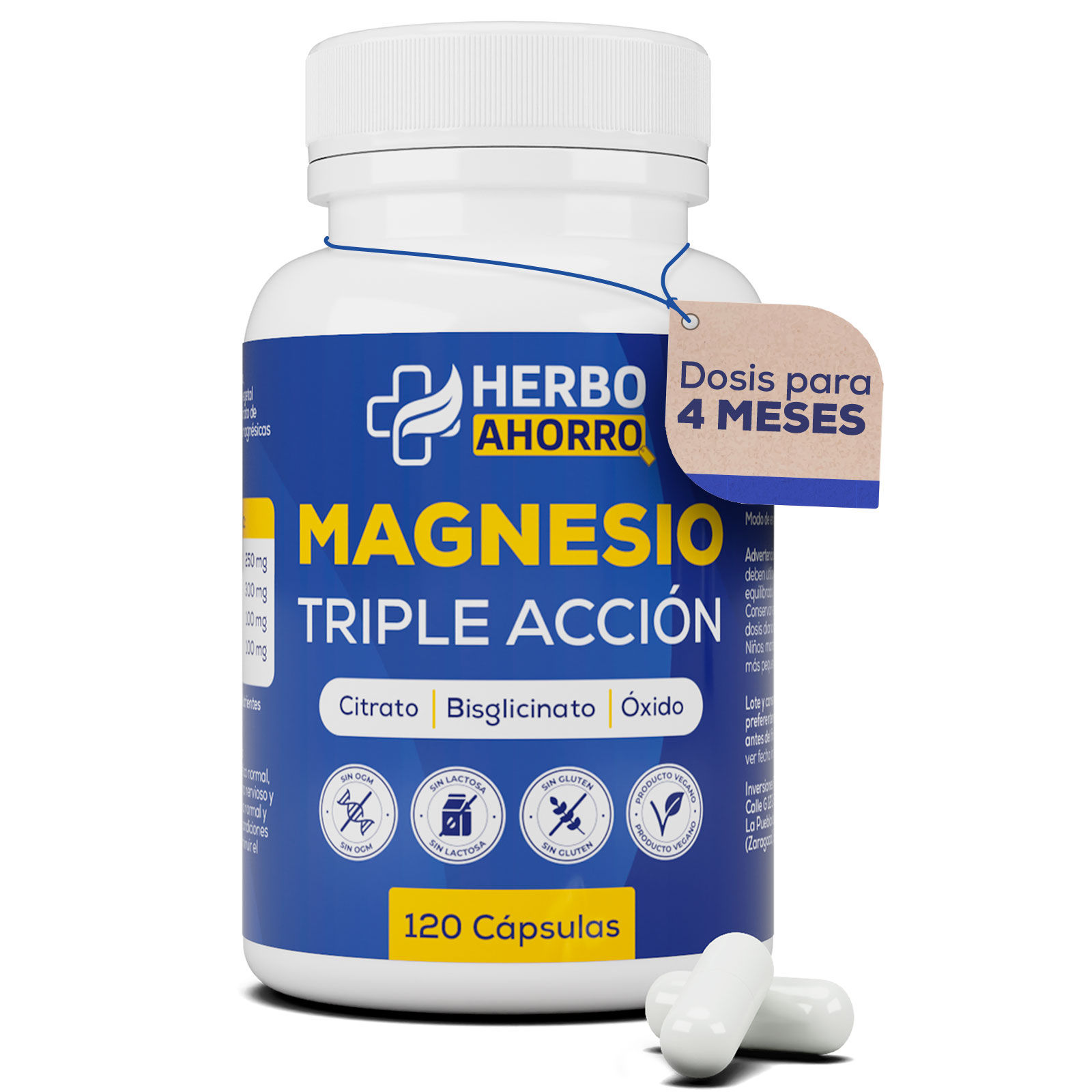 Magnesio Complex - Citrato, Bisglicinato y Óxido de Magnesio Triple - Alta Absorción - Reduce Cansancio y Fatiga, Alivia Dolor Articulaciones y Músculos – Favorece la Síntesis de Colágeno 120 cápsulas HerboAhorro