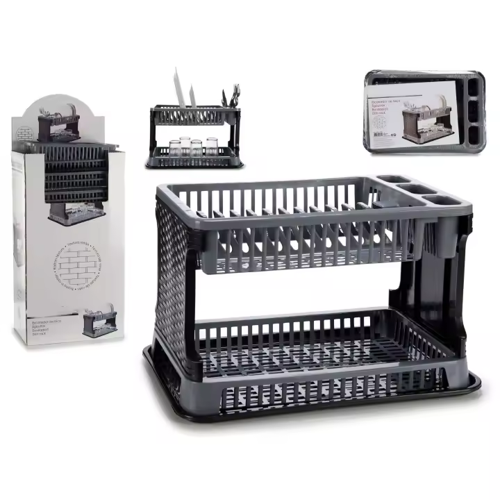Escurreplatos de Plástico 2 Pisos Estilo Ratán – Gris | Organizador de Platos y Cubiertos | Secaplatos de Doble Nivel con Gran Capacidad | Diseño Moderno y Resistente | Material Duradero y Antihumedad | Bandeja Escurridora Extraíble | Ideal para Cocina Pe - 1