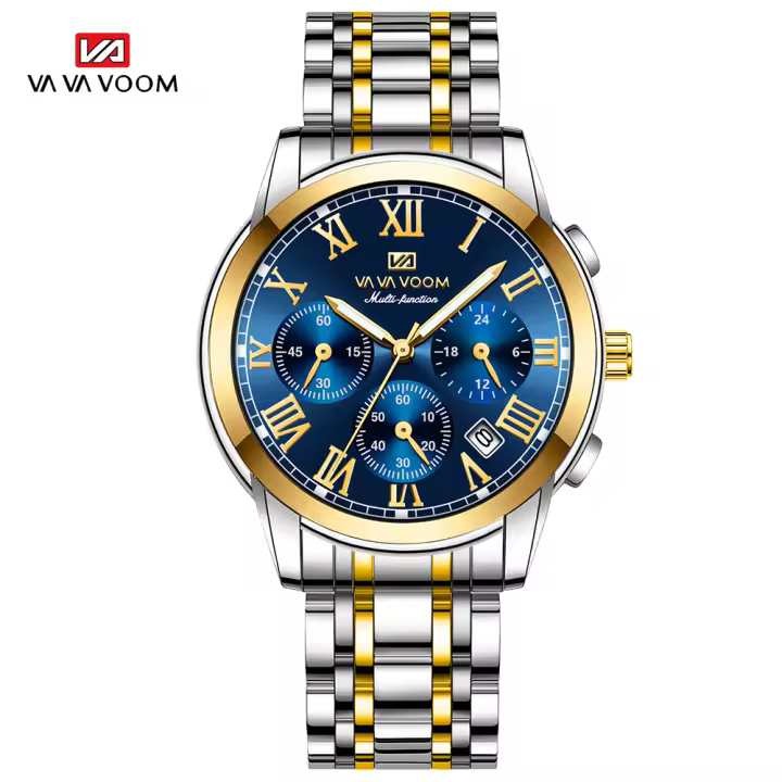 Reloj De Pulsera De Lujo Para Hombres 2024 Multifuncional De Acero Inoxidable 40mm Color Azul Oro Con Calendario Y Luz Fluorescente Resistente Al Agua 3Bar - 1