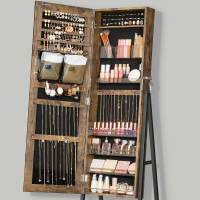 Espejo joyero completo, cajón con cierre, estante y ruedas, portátil, ideal para regalo, disponible en marrón rústico o blanco - details 11