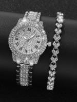 Reloj De Cuarzo Para Mujer 2023 Set De 2 Piezas Lujo Moda Correa De Plata Pulsera De Aleación Regalo Para Damas Estilo Elegante - details 0