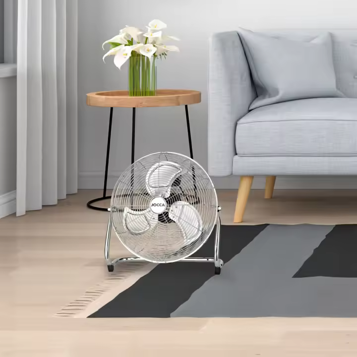 Ventilador metálico de suelo JOCCA 23 cm y 45 cm con diseño industrial, 3 velocidades, cabezal reclinable, silencioso, potente caudal de aire, portátil con asa, ideal para hogar u oficina, pies antideslizantes, bajo consumo - 1
