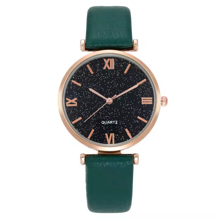 Reloj para mujer con letras romanas y estrellas, correa de cuero, movimiento de cuarzo, un reloj con un estilo celestial y elegante - 1