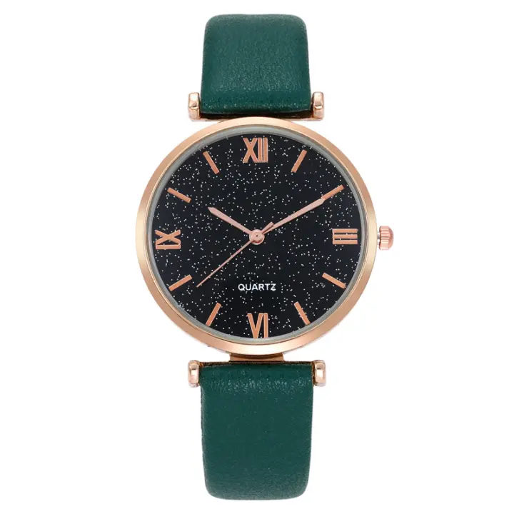 Reloj para mujer con letras romanas y estrellas, correa de cuero, movimiento de cuarzo, un reloj con un estilo celestial y elegante - 1