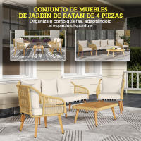 Outsunny Conjunto Jardín Exterior de Ratán con Cojines Conjunto Terraza Resistente a la Intemperie Muebles Jardín Exterior con 2 Sillones Sofá de 3 Plazas Mesa Patas de Madera de Acacia Natural - details 3