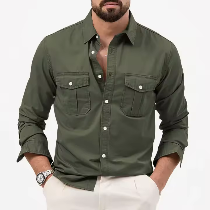 Camisa Táctica De Verde Militar Para Hombres Con Dos Bolsillos En La Cara Cuello En V Manga Larga Estilo Safari Casual - 1