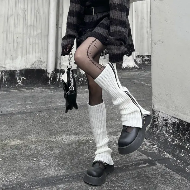 Calentadores De Pierna Punk Con Cremallera Y Alientos Para Mujer Calcetines Largos De Pierna Hasta La Cadera Hechos De Algodón Y Acrílico - 1
