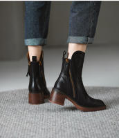Botas Cortas De Cuero Para Mujer Otoño Invierno Con Tacón Chunky Cierre De Cremallera Botas De Tobillo Plataforma Modernas Talla Grande Confort Transpirables - details 7