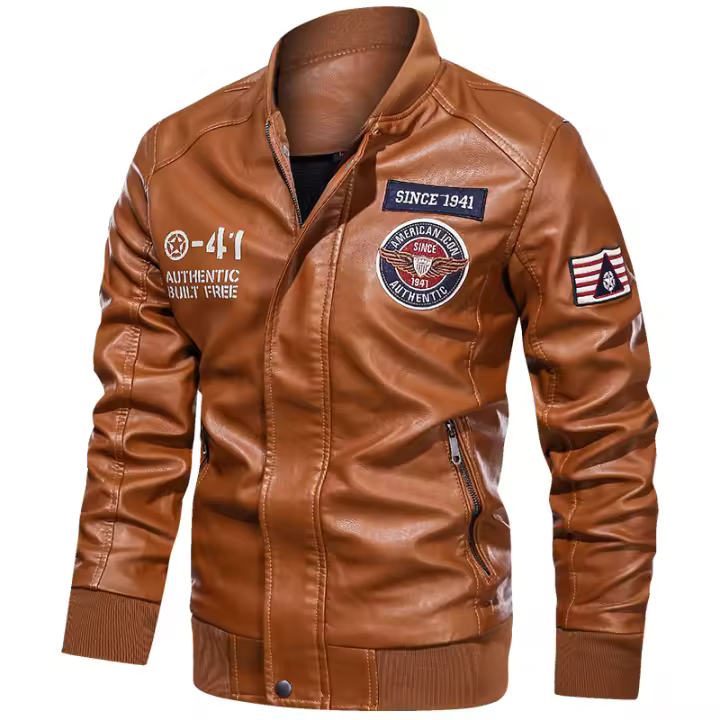 Chaqueta De Cuero Para Hombre Estilo Motociclista Primavera Y Otoño Cuello Americano Color Bloqueado Casual Chaqueta De PU - 1