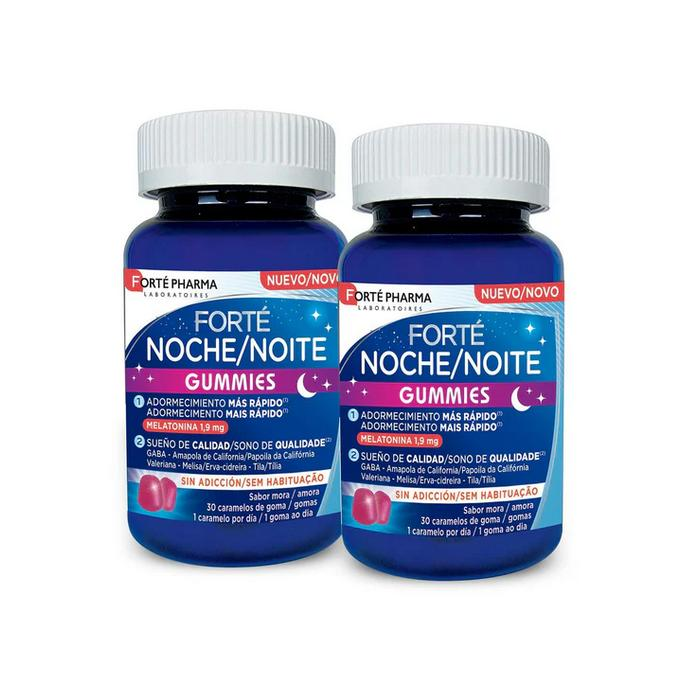 Forté Pharma Forté Noche Gummies Duplo 30 gominolas [ 30 + 30]  [ a base de melatonina [reforzado con 4 plantas: amapola de California, valeriana, melisa y tila]