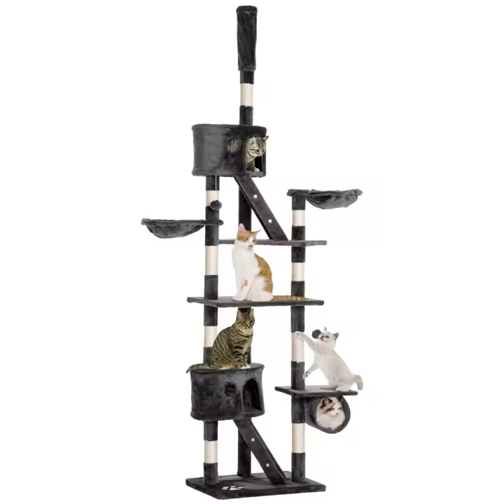 PawHut Árbol Rascador para Gatos 60x45x240-260 cm con Altura Ajustable Múltiples Plataformas Cuevas Cestas y Escaleras de Sisal Natural y Felpa Gris Oscuro - 1