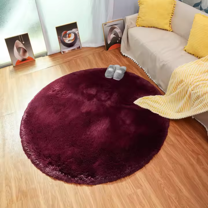 Alfombra Moderna para Sala De Estar, Alfombra Redonda Súper Suave para Dormitorio Terciopelo Mullido Alfombra Interior Suave Pelo Largo Cojín Decorativo para Silla Cojín para Sofá (Rojo Vino, 120x120cm)-Sunny - 1