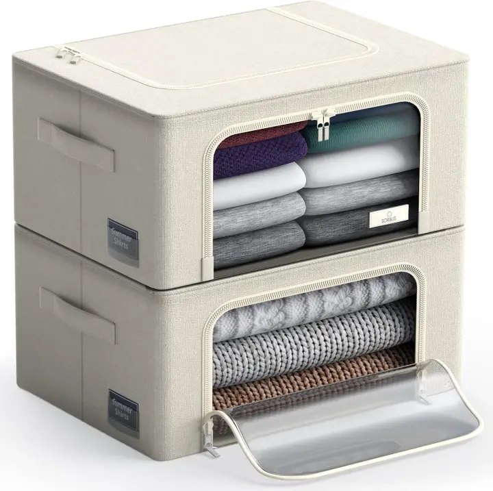 Storage Bins with Metal Frame - Stackable & Foldable Clothes Organizer Bags - Oxford Fabric Storage Containers with Large Clear Window & Carry Handles, Bedroom Organization for Bedding & Linen - 1