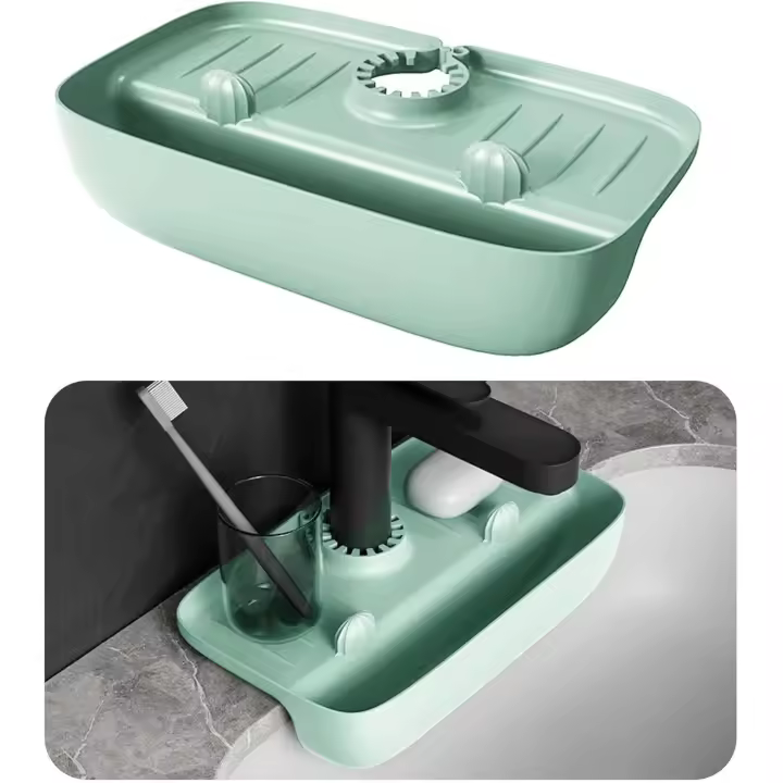 Grifo colgante fregadero rack, estante de almacenamiento de cocina de silicona, agujero de drenaje multifuncional duradero pendiente diseño almacenamiento artículos de tocador (verde) - 1