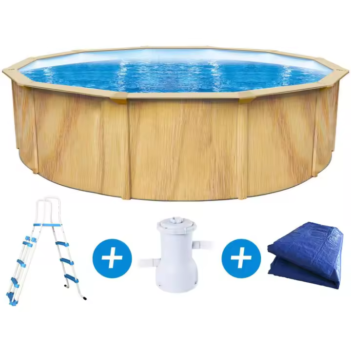 Piscina de acero redonda imitación madera - Ø 4.95 x 1.22 m - 1