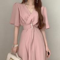 Vestido REALEFT Para Mujer Verano Otoño Manga Acolchada V-Neck Cinturón Frontal Cruzado Elegante Casual A-Line Midi Para Oficina - details 15
