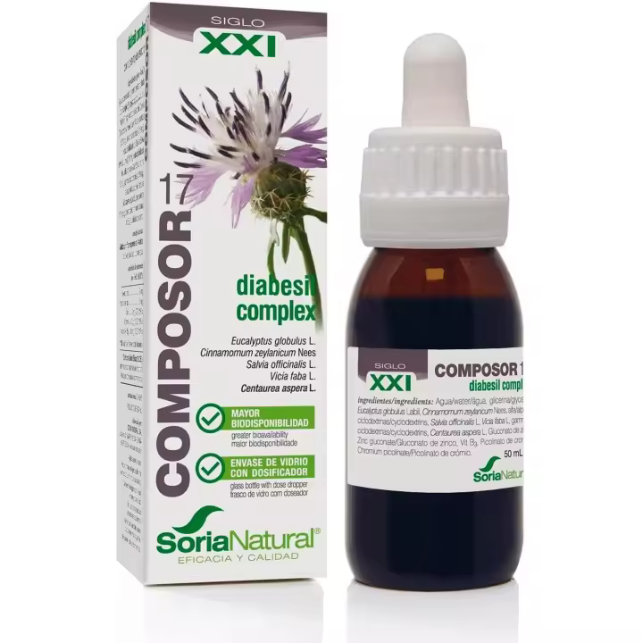 Soria Natural Composor 17 Diabesil Complex – Con Extractos de Eucalipto, Canela, Salvia, Judías Vainas, Travalera, Vitamina B3 y Cromo – Ayuda a Regular los Niveles de Glucosa - Hipoglucemiante - 50ml - 1