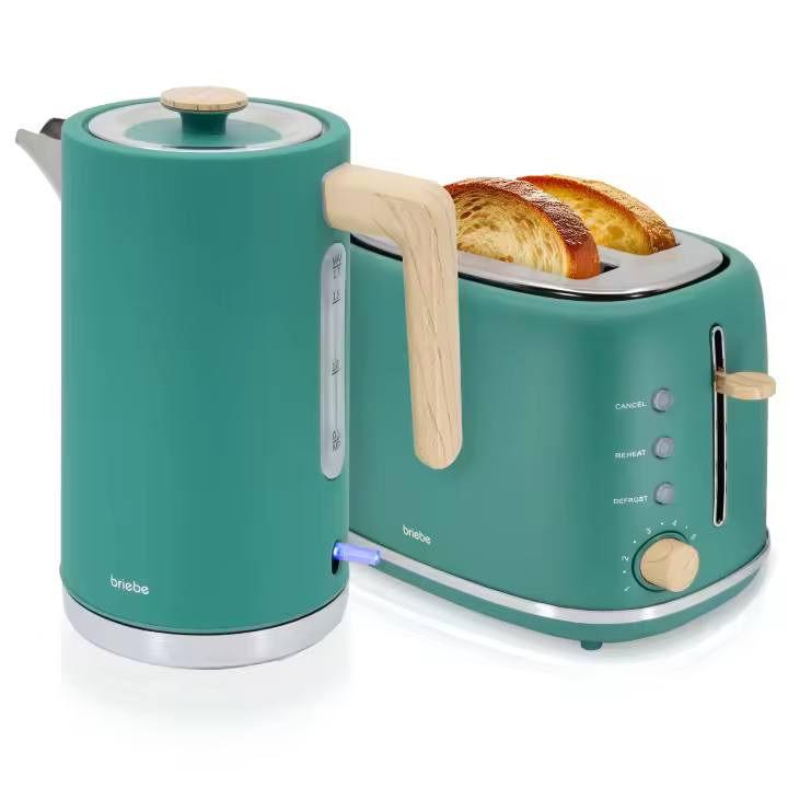 Briebe SKT1167GRE Nordic Set Tostadora Pan Ranura Ancha 2 Rebanadas + Hervidor  Agua Eléctrico 1,7L Inalámbrico, 2200W, Verde - 1