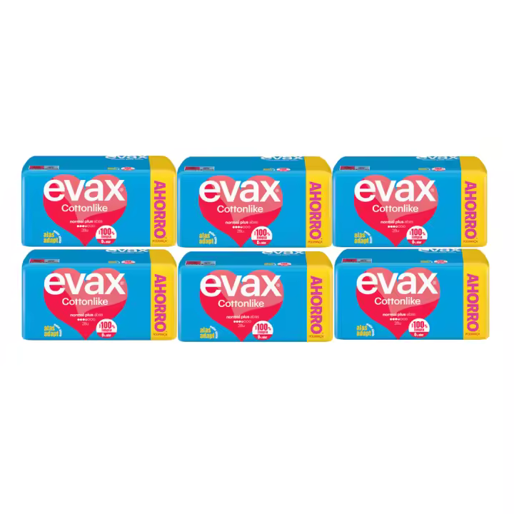 Evax Cottonlike Compresas Normal Plus Protección durante el día, Elimina Olores Y Absorbe Al Instante, Hasta 100 % limpia y 0 % olor, Con alas que se adaptan para un mejor ajuste. 168 Unidades - 1