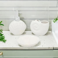 Juego de accesorios de baño,Juego de dispensador y portacepillos de baño de cerámica blanco con forma de conchas - details 1