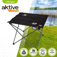 Aktive - Mesa plegable camping de tela, color negro, 61x50x51 cm, uso exterior, tablero removible, estructura plegable, soporta 30 kg, estructura de acero, tablero de poliéster, topes antivuelco, 2 posavasos con rejilla, incluye bolsa, mesa portátil - details 1