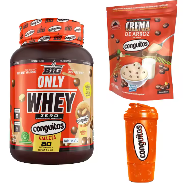 Pack Conguitos galleta Fitness:1kg Proteína Sin Lactosa ,1kg Crema de Arroz y Shaker 500ml - 1