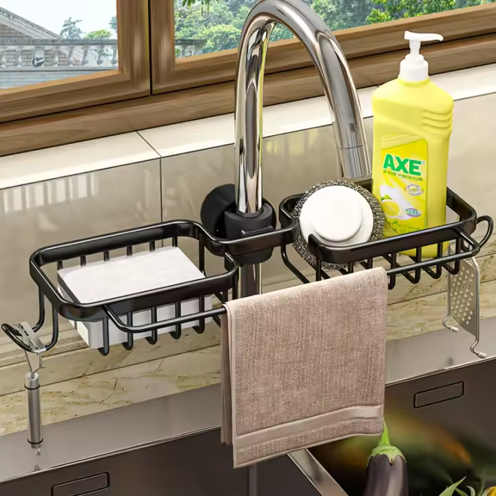 Estante De Cocina De Aluminio Para Fregadero Con Drenaje Y Soporte Para Esponjas Cesta Colgante Para Fregadero Espacioso Y Funcional - 1
