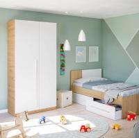 Meimon Armario NOA de 2 puertas en acabado Roble Nodi Blanco Artik con barra de colgar de aluminio extraíble, 3 estantes interiores, bisagras metálicas, tirador ABS blanco, trasera MDF lacado, y estructura en tablero melaminizado E1 de 15 mm - details 1