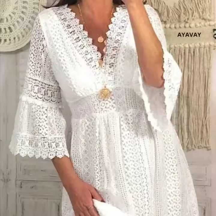 Vestido Blanco De Cintura Alta Para Mujer Primavera Verano Elegante Con Manga Flare Vestido Casual Con Vuelta Y Lace Longitud Mini - 1