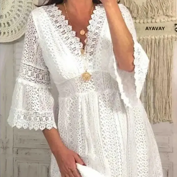 Vestido Blanco De Cintura Alta Para Mujer Primavera Verano Elegante Con Manga Flare Vestido Casual Con Vuelta Y Lace Longitud Mini - 1