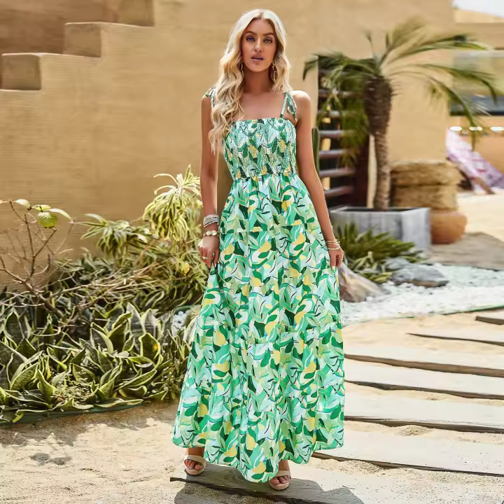 Vestido largo bohemio con tirantes para vacaciones de verano estampado - 1
