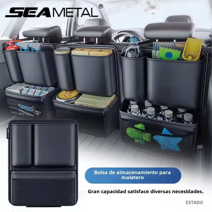 Organizador De Maletero De Coche SEAMETAL Bolsa De Almacenamiento Para Asiento Trasero Con Gancho Y Enchufe PU Resistente Al Desgaste Para SUV/MPV/Truck Negro Con 4 Bolsillos Y Soporte Para Paraguas - 1