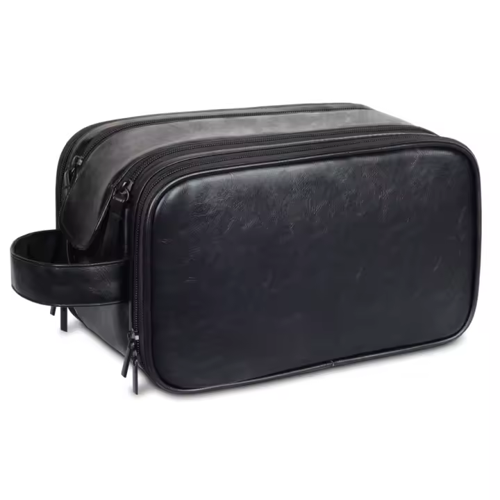 Neceser Grande de Piel Authéntica para hombre y Mujer, para Viajes, para Gimnasio, para artículos de tocador, Cosméticos y comercial, Con ASA de Transporte (Negro) - 1