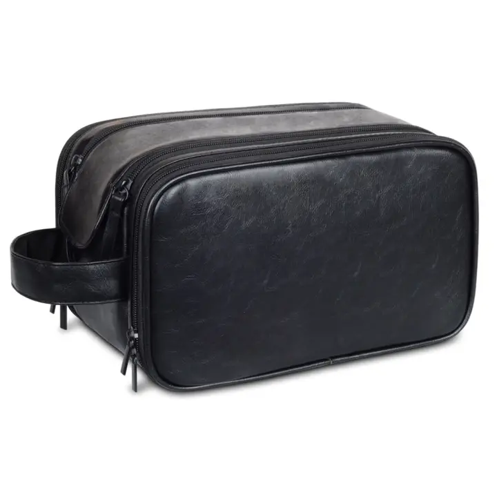 Neceser Grande de Piel Authéntica para hombre y Mujer, para Viajes, para Gimnasio, para artículos de tocador, Cosméticos y comercial, Con ASA de Transporte (Negro) - 1