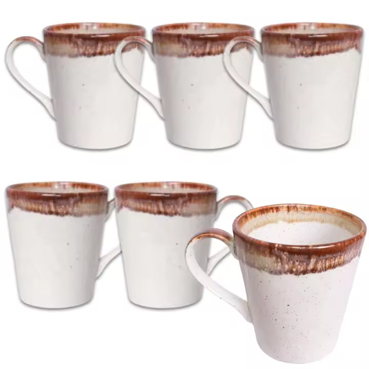 Juego de 6 Tazas De Porcelana 320 Ml - Diseño Rústico Y Elegante Para Café Y Té - Set De 6 Piezas, Acabado En Tonos Naturales - Aptas Para Uso Diario, Microondas Y Lavavajillas - No pierde Color - 1